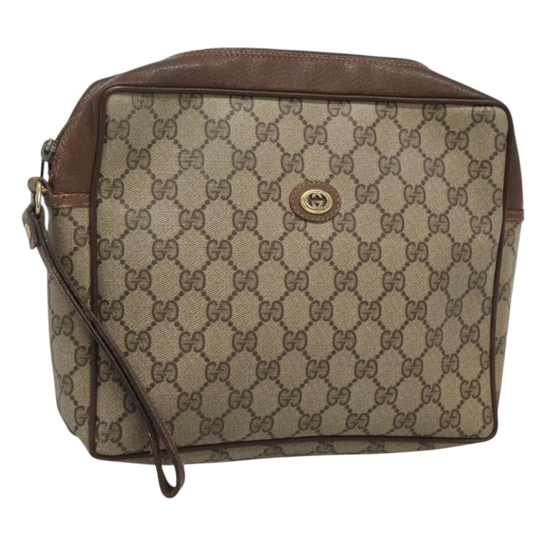 GUCCI GG Supreme Clutch Bag Beige Gold PVC Leather 156 01 053 Auth: GUCCI GG Supreme Clutch Bag Beige Gold PVC Leather 156 01 053 Auth This authentic GUCCI GG Supreme Clutch Bag is crafted from durable PVC leather in a sophisticated beige and gold color scheme. The ba