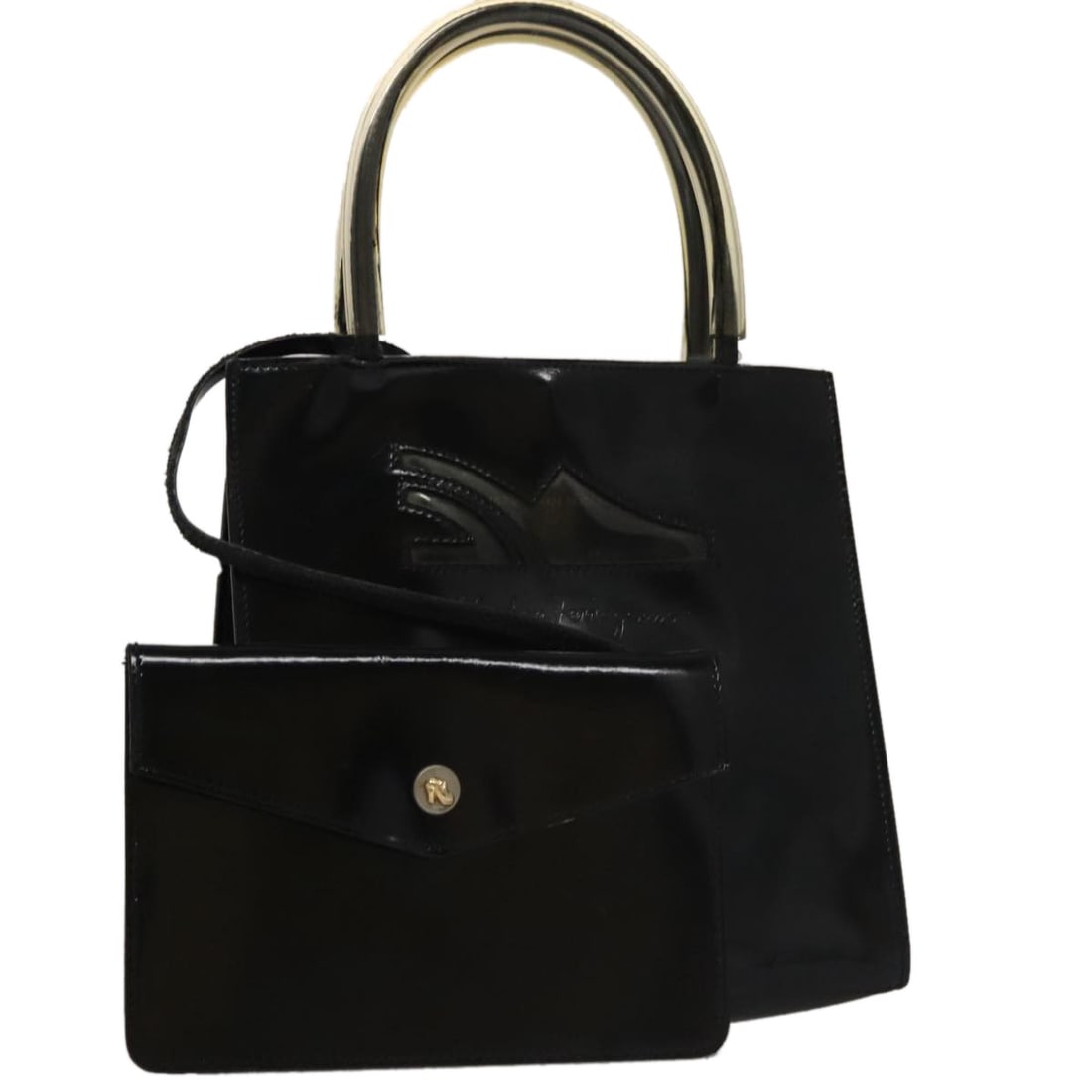 Black Enamel Salvatore Ferragamo Handbag with Pouch Made in Italy: Black Enamel Salvatore Ferragamo Handbag with Pouch Made in Italy This Salvatore Ferragamo hand bag features a black enamel exterior and is made in Italy. It is a heavily used item, showing signs of w