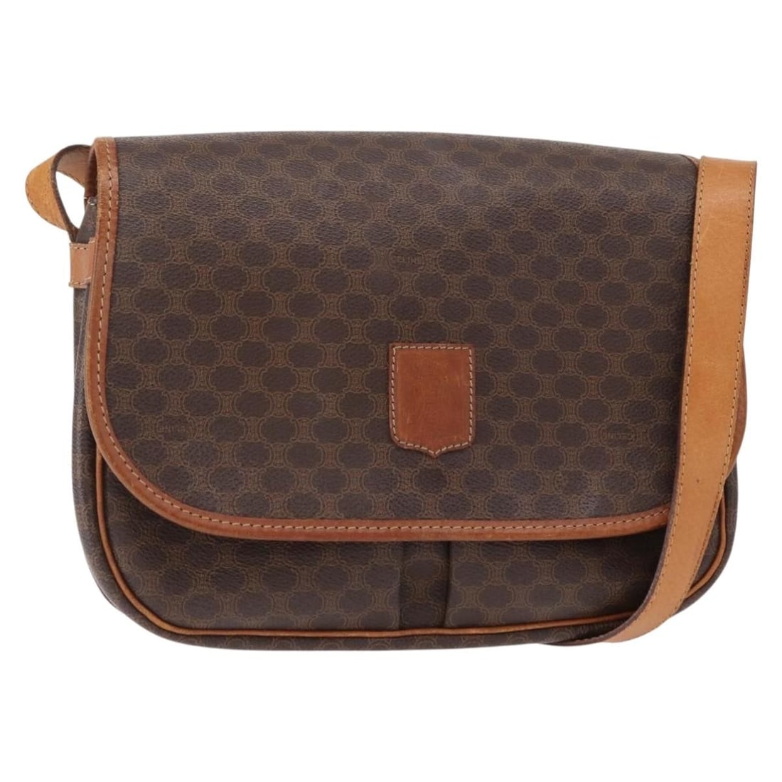 CELINE Macadam Canvas Shoulder Bag PVC Leather Brown Gold France: CELINE Macadam Canvas Shoulder Bag PVC Leather Brown Gold France This CELINE Macadam Canvas Shoulder Bag showcases a blend of elegance and practicality. Crafted in France, it features durable PVC leat