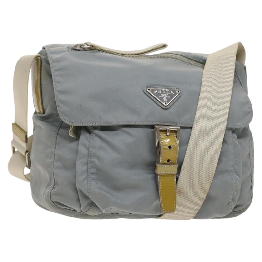 PRADA Light Blue Nylon Shoulder Bag with Silver Accents Auth 121882: PRADA Light Blue Nylon Shoulder Bag with Silver Accents Auth 121882 This authentic PRADA shoulder bag combines style and functionality with its light blue and silver nylon exterior. Crafted in Italy,