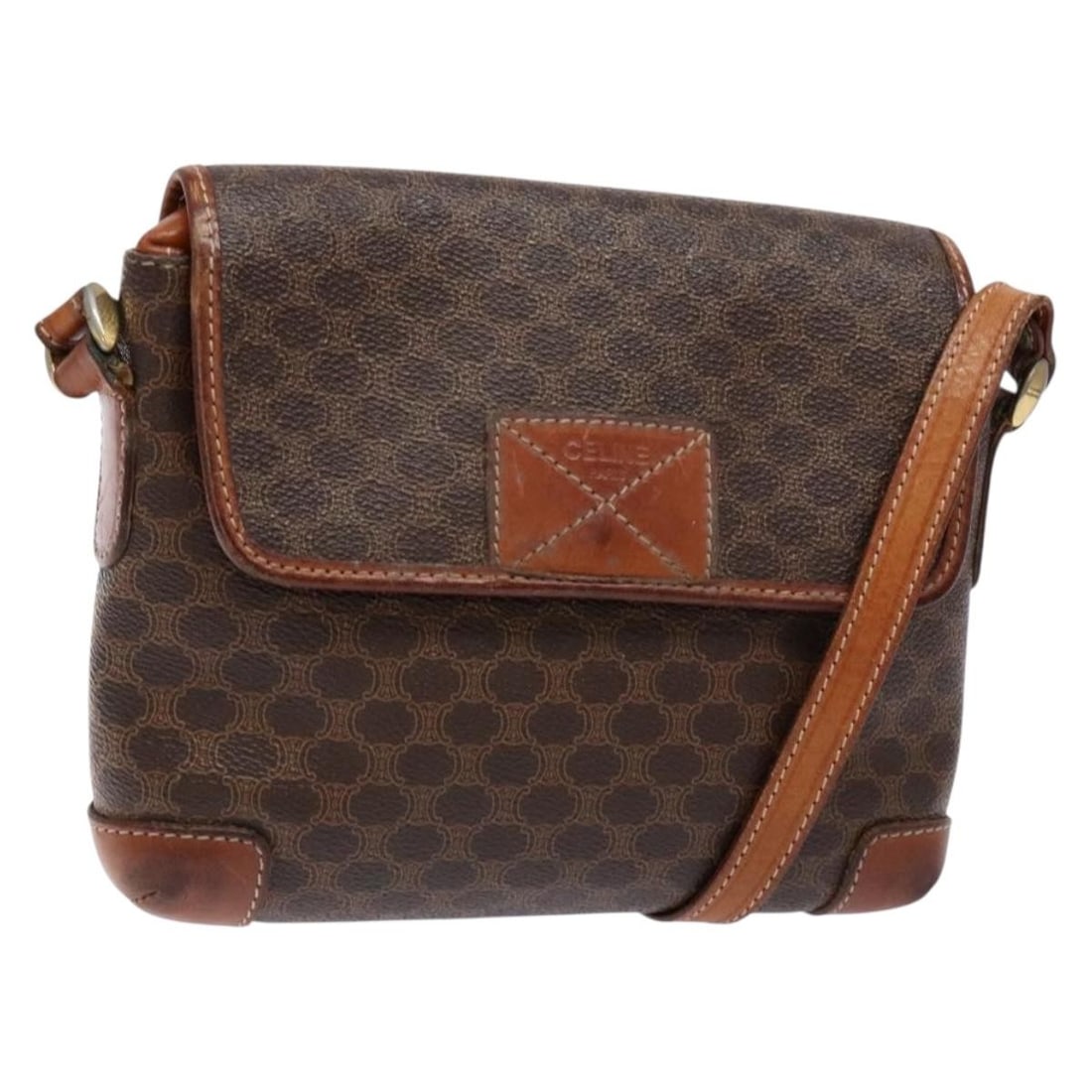 CELINE Macadam Canvas Shoulder Bag PVC Brown Gold Made in Italy: CELINE Macadam Canvas Shoulder Bag PVC Brown Gold Made in Italy This Celine Macadam Canvas Shoulder Bag is a stylish accessory that embodies luxury and practicality. Crafted in Italy, this bag feature