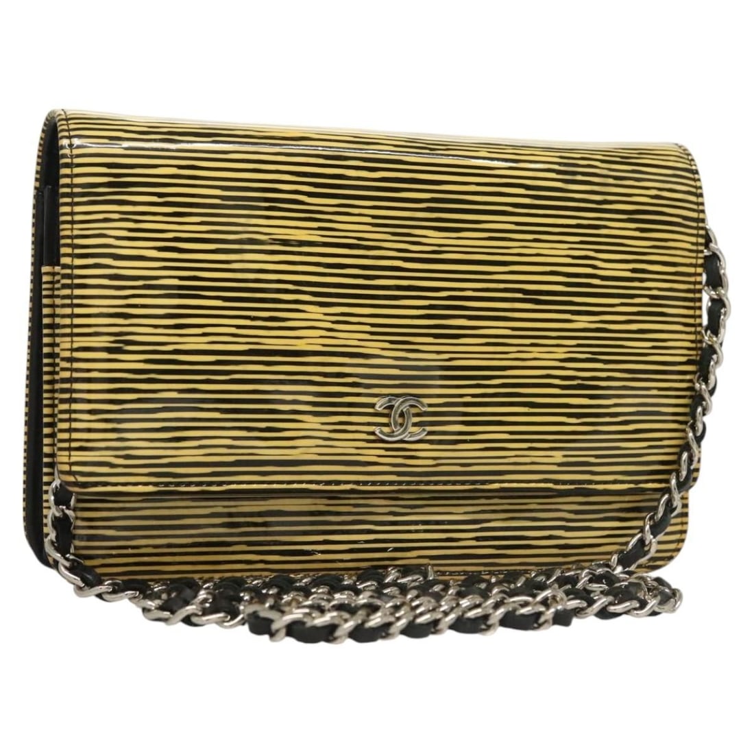 CHANEL Yellow Silver Patent Leather Chain Wallet Auth 128843 (1 of 18)