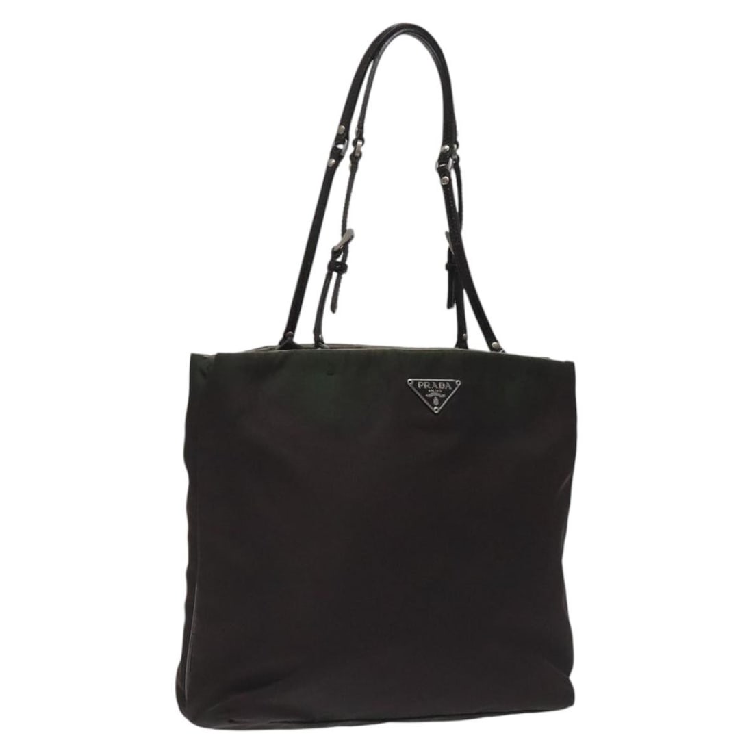 PRADA Khaki Nylon Hand Bag Made in Italy: PRADA Khaki Nylon Hand Bag Made in Italy This authentic PRADA hand bag is crafted from durable nylon in a sophisticated khaki color, showcasing the brand's signature style. Measuring approximately 7.9