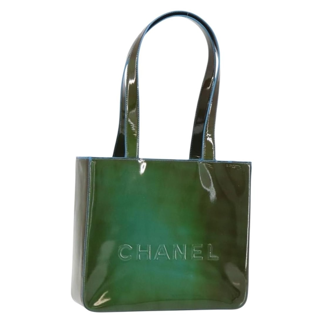 CHANEL Green Patent Leather Tote Bag with Auth Card: CHANEL Green Patent Leather Tote Bag with Auth Card This CHANEL Tote Bag is crafted from luxurious green patent leather, offering a stylish and chic accessory for any outfit. With dimensions of approx