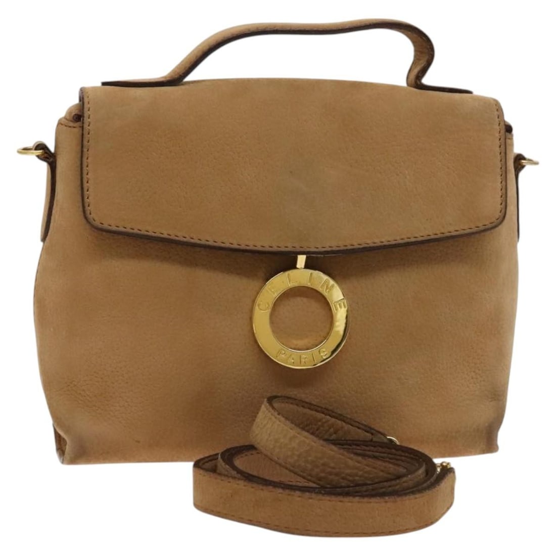 CELINE Suede Hand Bag Brown Gold 2way Italy Auth 124628: CELINE Suede Hand Bag Brown Gold 2way Italy Auth 124628 This CELINE hand bag is crafted from luxurious suede in a sophisticated brown and gold color combination. With an approximate height of 5.5 inch