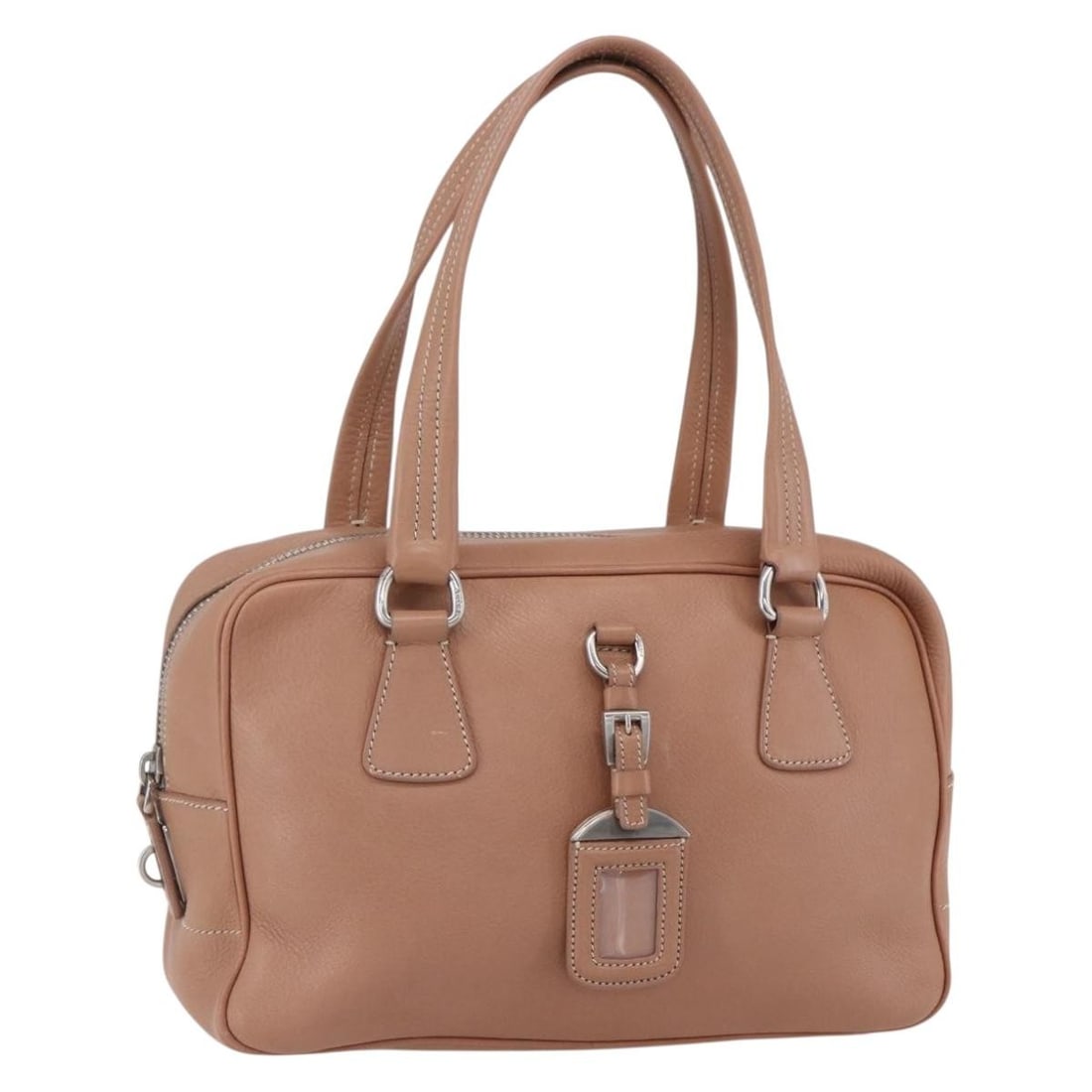 PRADA Leather Hand Bag Silver Beige Made in Italy: PRADA Leather Hand Bag Silver Beige Made in Italy This authentic PRADA hand bag is crafted from high-quality leather, featuring a sophisticated silver and beige color scheme. With dimensions of approx