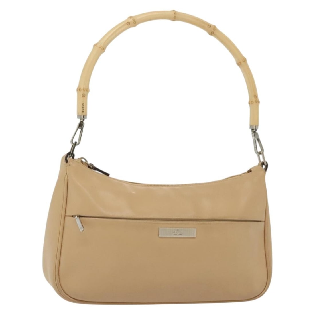 GUCCI Bamboo Shoulder Bag Leather Beige Silver 001 3865 Authentic: GUCCI Bamboo Shoulder Bag Leather Beige Silver 001 3865 Authentic This authentic GUCCI Bamboo Shoulder Bag is a stylish accessory crafted from high-quality leather in a chic beige and silver color com