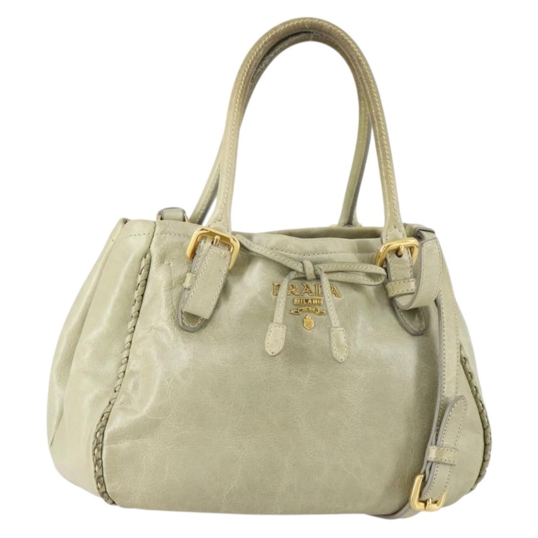 Prada Beige Leather Two Way Handbag with Gold Accents and Shoulder Strap (1 of 18)