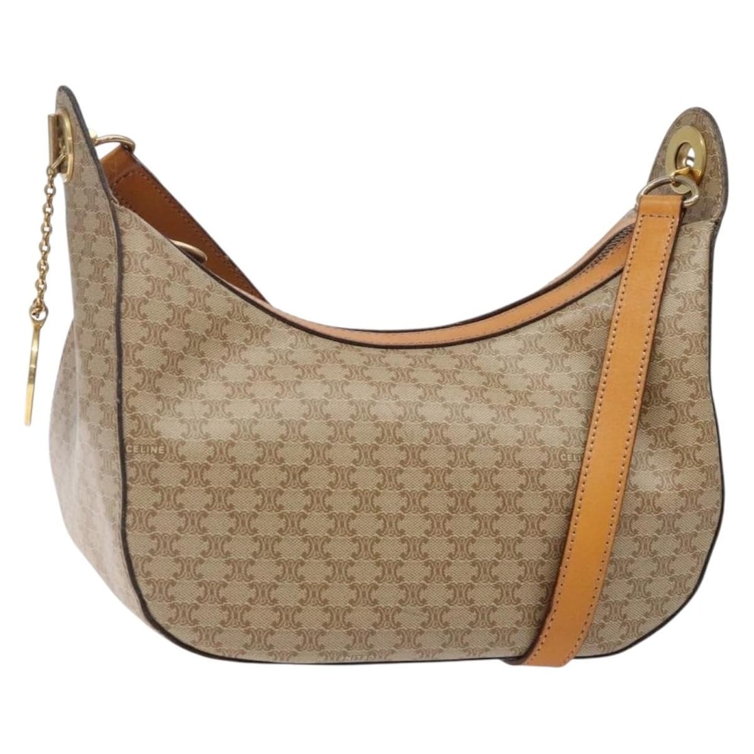 CELINE Macadam Canvas Shoulder Bag Beige Gold PVC Auth Italy BA5337: CELINE Macadam Canvas Shoulder Bag Beige Gold PVC Auth Italy BA5337 This CELINE Macadam Canvas Shoulder Bag is a stylish and functional accessory crafted in Italy. Made from durable PVC leather, this