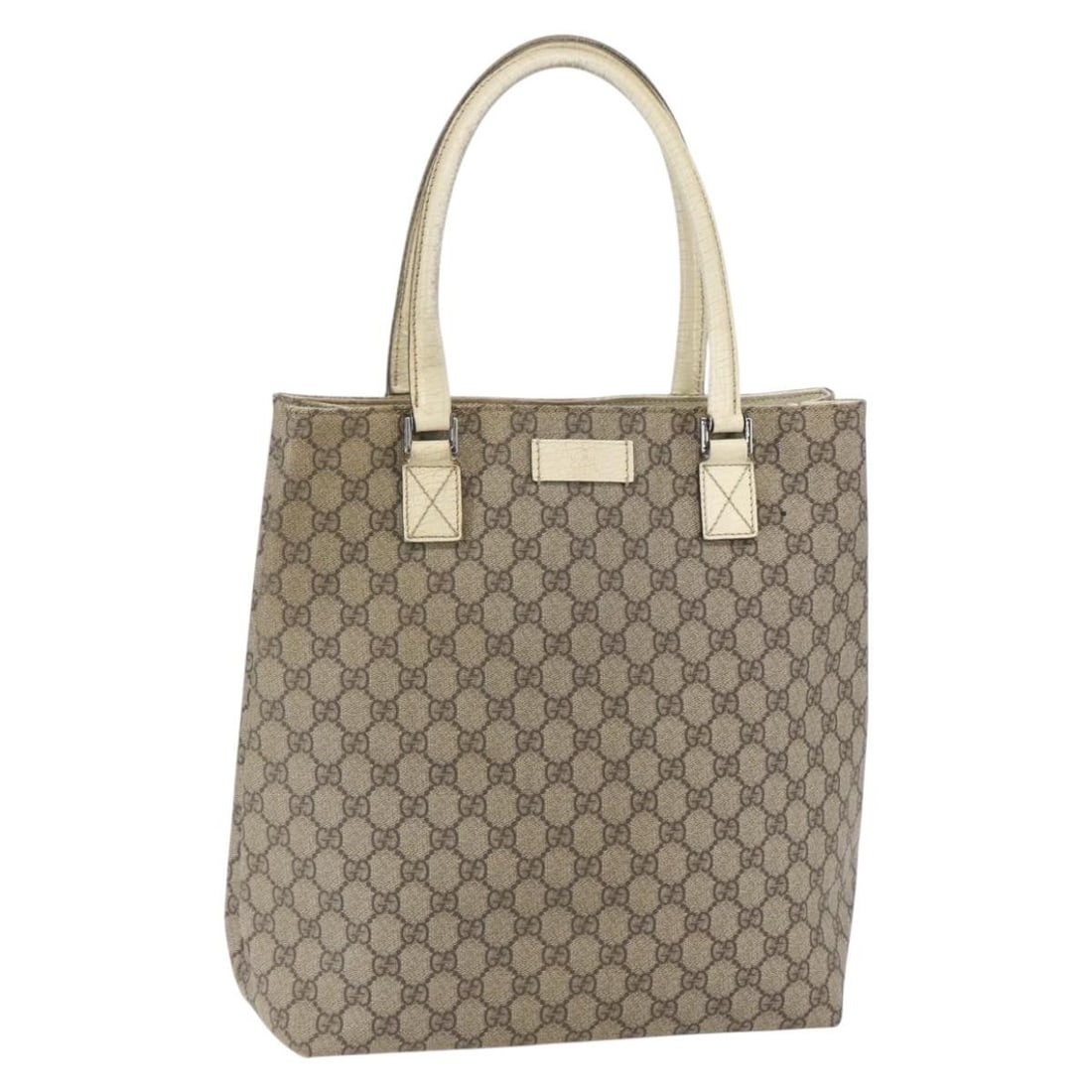 GUCCI GG Supreme Beige Silver PVC Tote Bag 131220 Auth Italy: GUCCI GG Supreme Beige Silver PVC Tote Bag 131220 Auth Italy This authentic GUCCI GG Supreme Tote Bag is a stylish accessory crafted in Italy from durable PVC leather with a striking beige and silver