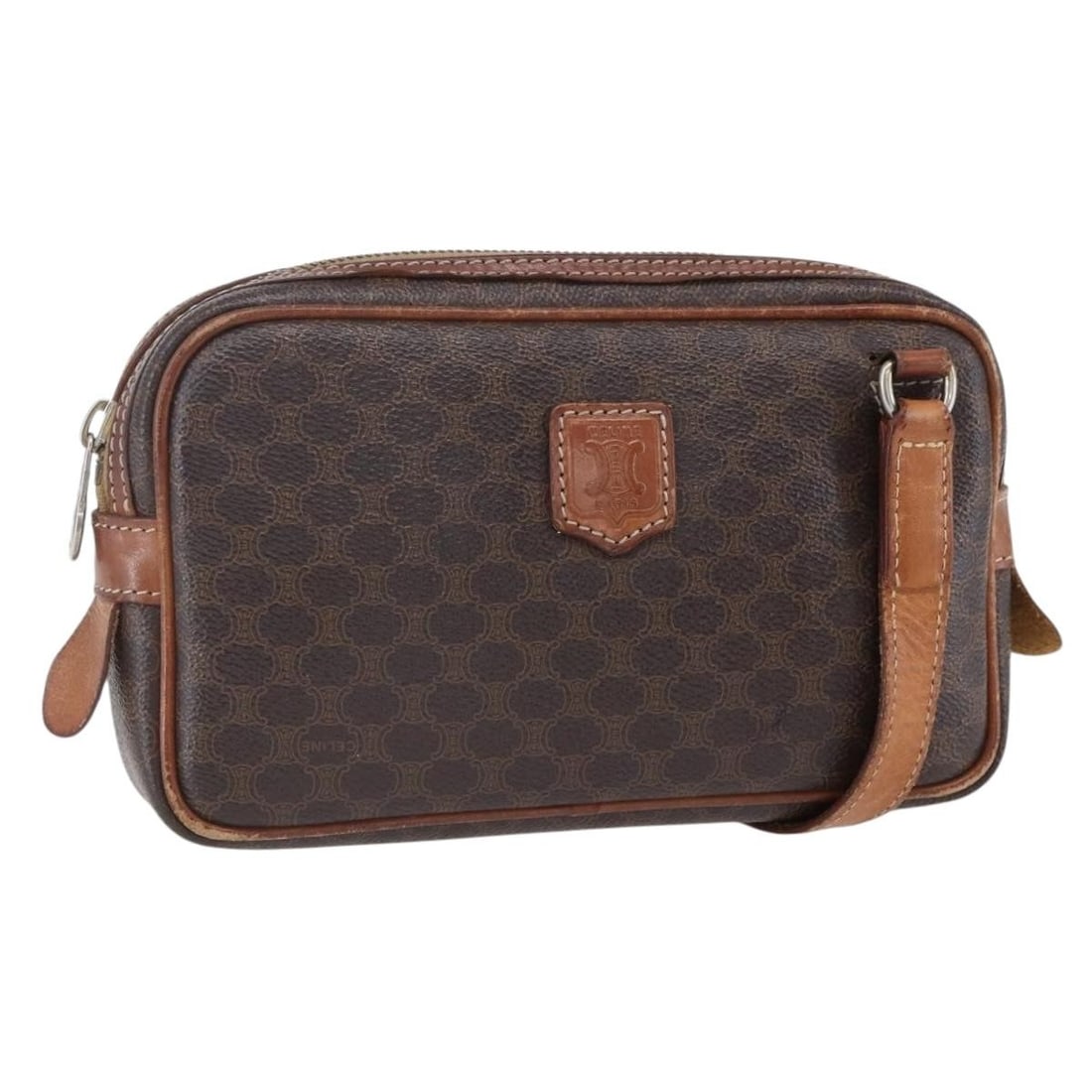 CELINE Macadam Brown Gold PVC Leather Shoulder Bag BA8001: CELINE Macadam Brown Gold PVC Leather Shoulder Bag BA8001 This authentic CELINE Macadam Canvas Shoulder Bag showcases a luxurious combination of brown PVC leather and gold accents. Measuring approxima