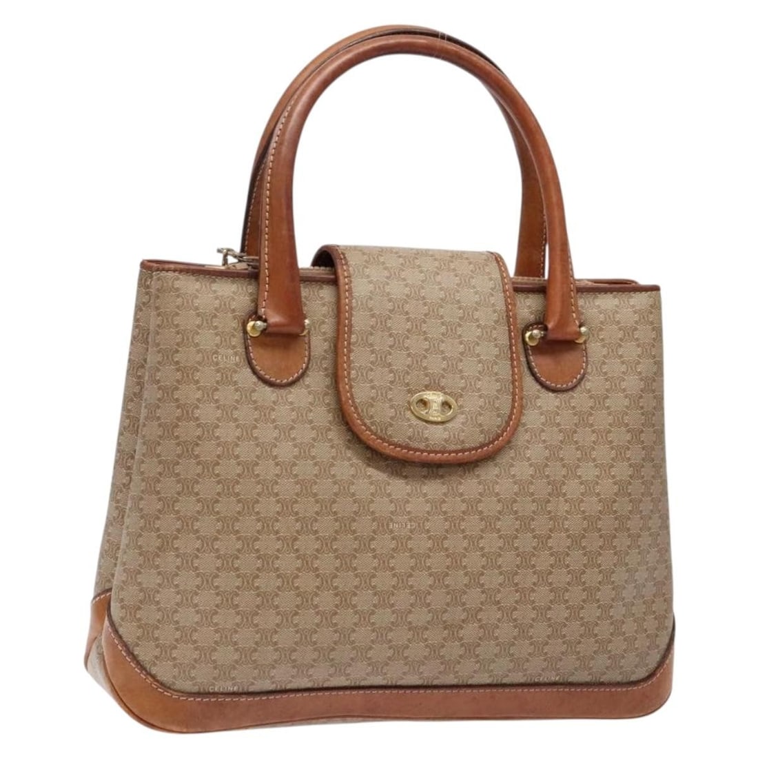 CELINE Beige Gold PVC Macadam Hand Bag Made in Italy Auth 138406: CELINE Beige Gold PVC Macadam Hand Bag Made in Italy Auth 138406 This CELINE Macadam Hand Bag features a stylish blend of beige PVC leather and gold accents, making it a chic accessory for any outfit.