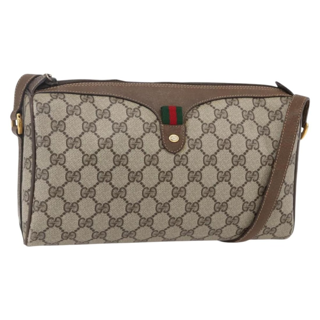 Beige GG Supreme Sherry Line Shoulder Bag by Gucci PVC Leather 89 02 017: Beige GG Supreme Sherry Line Shoulder Bag by Gucci PVC Leather 89 02 017 This is a GUCCI GG Supreme Web Sherry Line shoulder bag crafted from beige and gold PVC leather with GG canvas accents. The bag