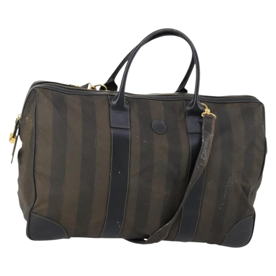 FENDI Pecan Canvas Boston Bag PVC Black Brown Gold Authentic: FENDI Pecan Canvas Boston Bag PVC Black Brown Gold Authentic This elegant Fendi Boston Bag combines luxury with practicality, crafted from durable PVC leather and Pequin canvas. The striking color pal