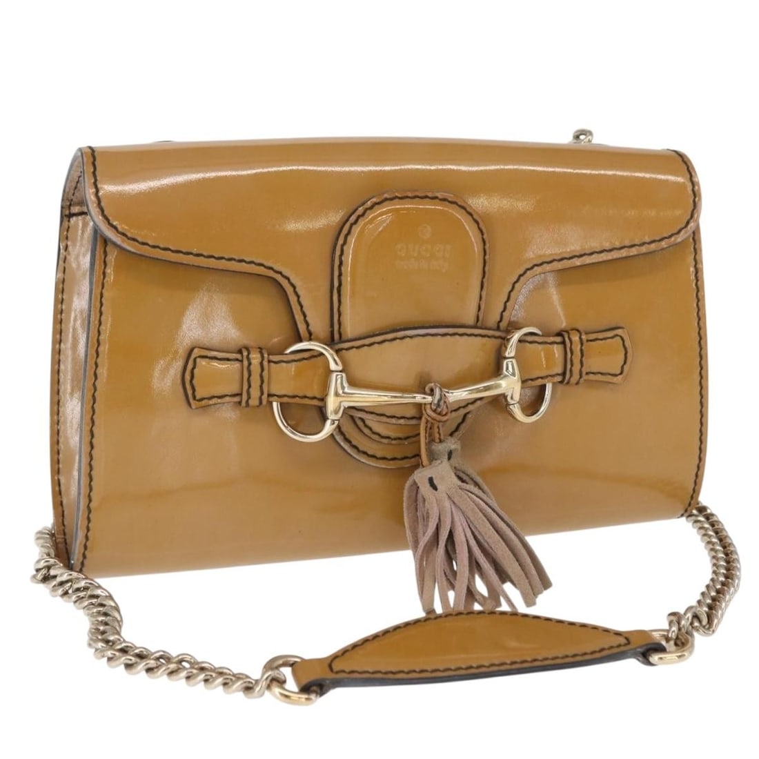 Beige Gold Enamel Emily Horsebit Chain Shoulder Bag by Gucci 283063: Beige Gold Enamel Emily Horsebit Chain Shoulder Bag by Gucci 283063 This is a Gucci Emily shoulder bag crafted from beige and gold enamel, featuring the iconic horsebit chain detail. The bag is made i