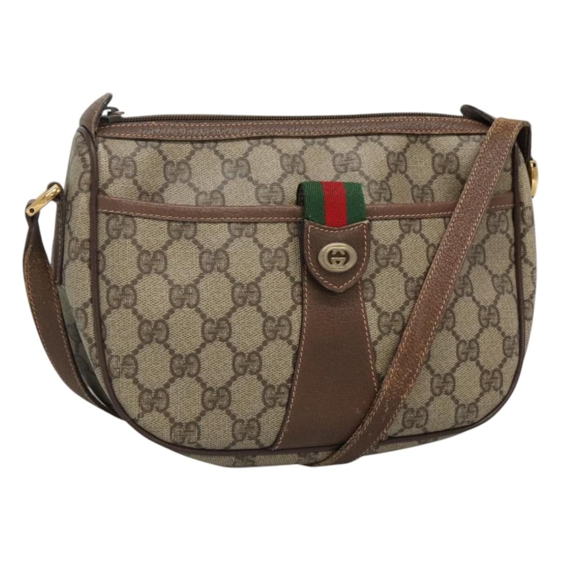 GUCCI GG Supreme Sherry Line Shoulder Bag Beige Red PVC Auth BA465: GUCCI GG Supreme Sherry Line Shoulder Bag Beige Red PVC Auth BA465 This GUCCI GG Supreme Web Sherry Line Shoulder Bag is a stylish accessory crafted from durable PVC leather, featuring a chic beige an
