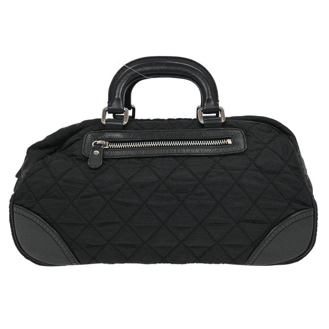 Chanel Black Nylon Duffle Handbag with Logo Accents: Chanel Black Nylon Duffle Handbag with Logo Accents This stylish Chanel Black Nylon Handbag is perfect for casual occasions. With its medium size and spacious design, it features double handles for ea