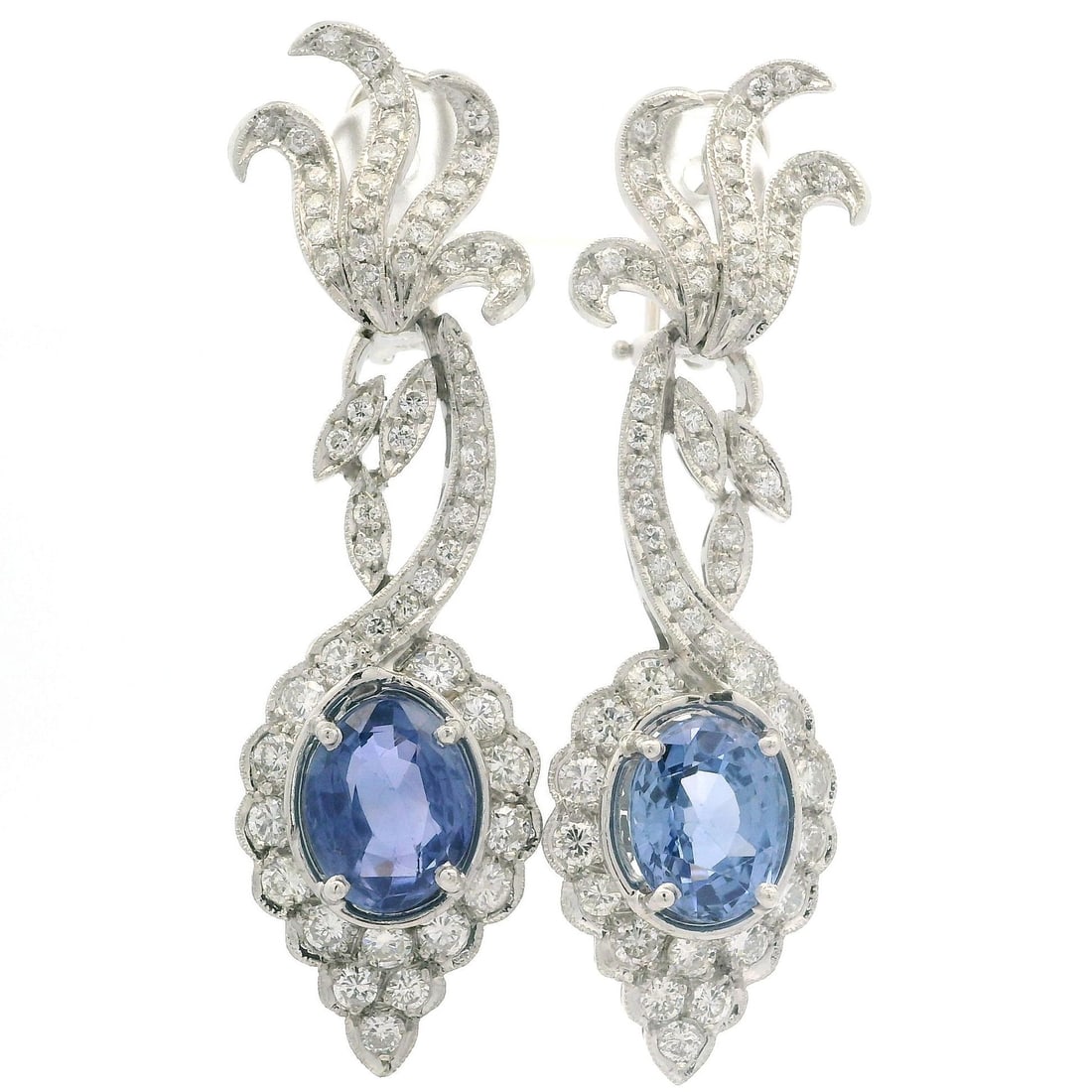 GIA Certified 11.9ctw Blue No Heat Sapphire Diamond Floral Drop Earrings in 14k White Gold (1 of 7)