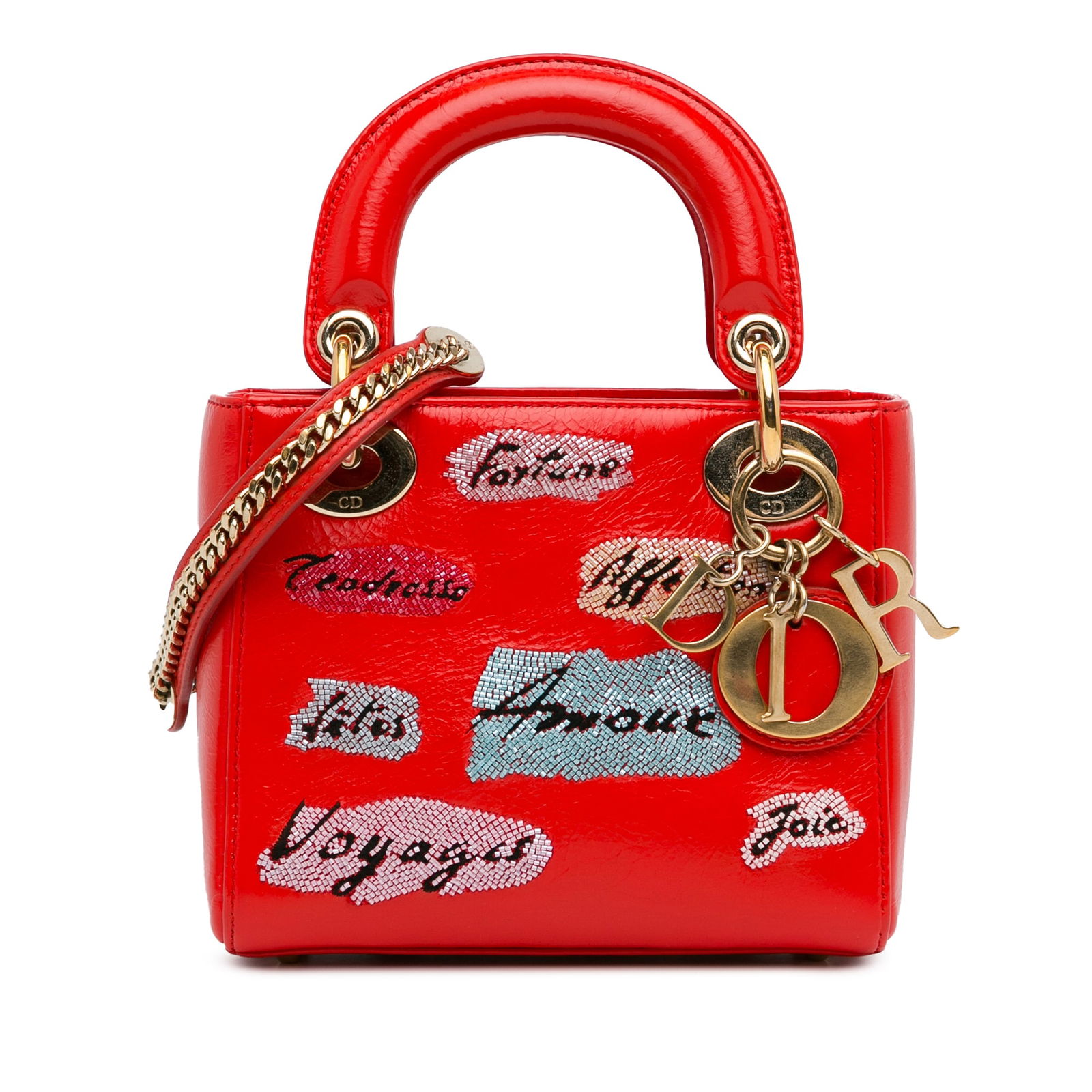 Dior Mini Calfskin Sequin Embellished Lady Dior Bag Red: Dior Mini Calfskin Sequin Embellished Lady Dior Bag Red This exquisite Mini Calfskin Sequin Embellished Lady Dior bag showcases a stunning sequin-embellished exterior in a vibrant red hue. It is desig