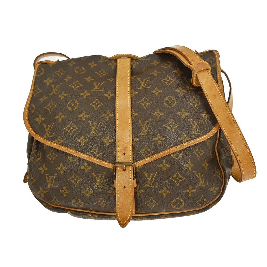 Saumur 35 Monogram Shoulder Bag by Louis Vuitton: Saumur 35 Monogram Shoulder Bag by Louis Vuitton This pre-owned Louis Vuitton Saumur 35 Monogram shoulder bag features the classic brown monogram canvas. The bag shows signs of prior use, including sc