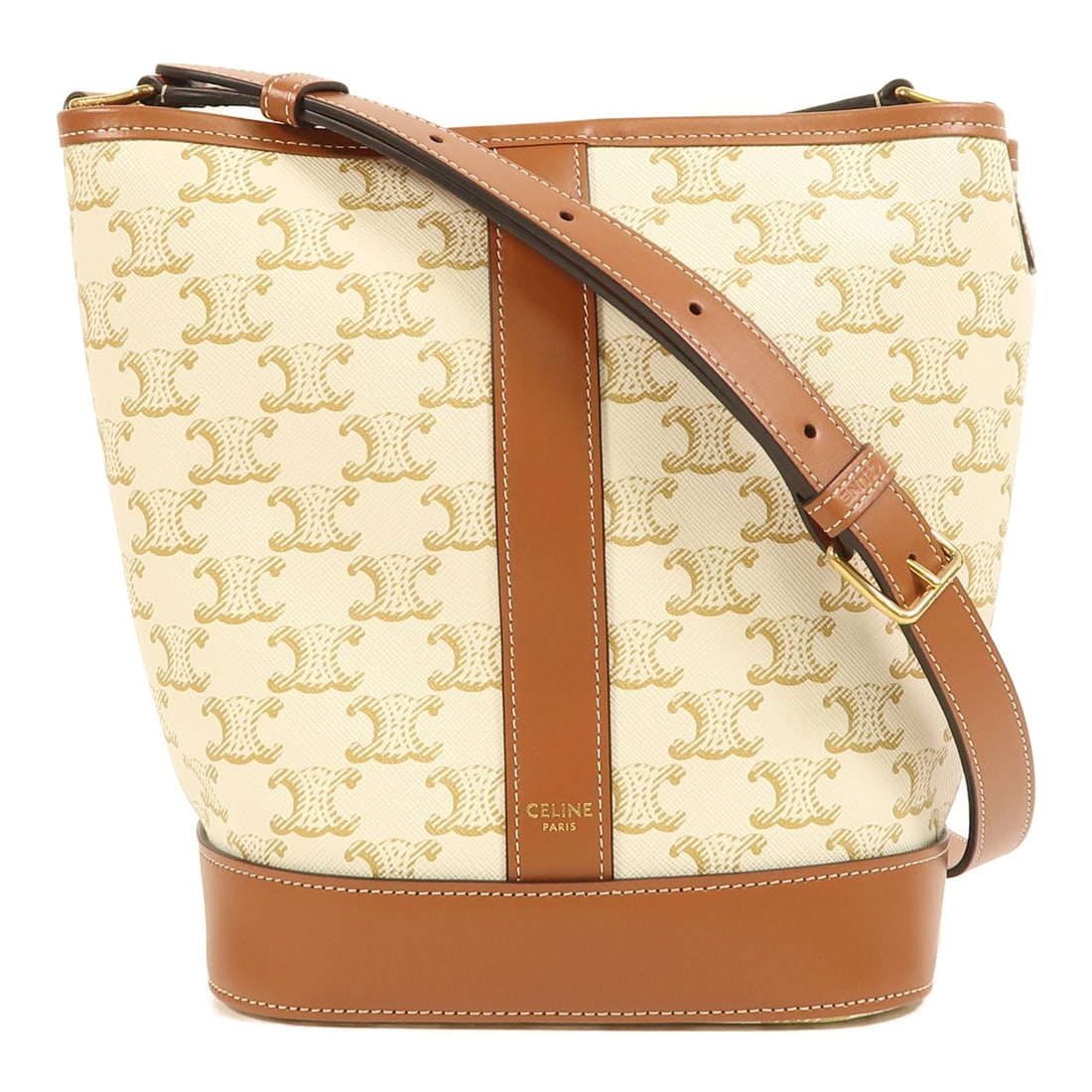 Celine Triomphe White Brown Canvas Bucket Shoulder Bag with Gold Hardware: Celine Triomphe White Brown Canvas Bucket Shoulder Bag with Gold Hardware This CELINE Triomphe bucket shoulder bag features a white and brown PVC coated canvas exterior, offering a stylish and durable