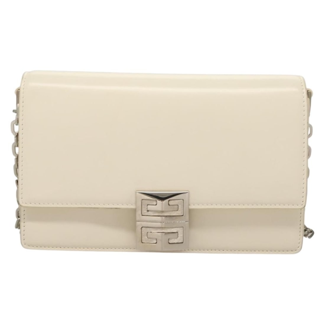 White 4G Chain Crossbody Purse by Givenchy: White 4G Chain Crossbody Purse by Givenchy This Givenchy 4G Chain Crossbody Bag in white features a classic design with a chain shoulder strap. The bag shows slight rubbing on the exterior, shoulder s