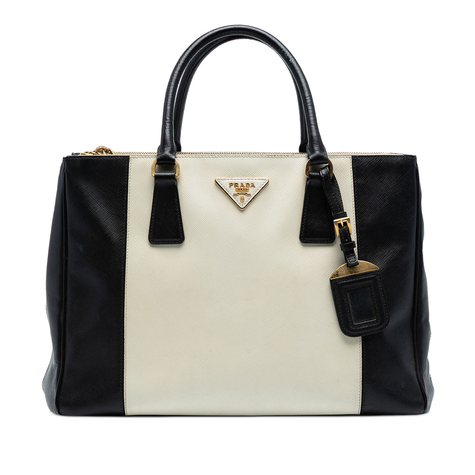 Prada Medium Bicolor Saffiano Lux Galleria Double Zip Satchel Italy: Prada Medium Bicolor Saffiano Lux Galleria Double Zip Satchel Italy The Prada Medium Bicolor Saffiano Lux Galleria Double Zip Satchel is a sophisticated handbag crafted from premium leather. This styl