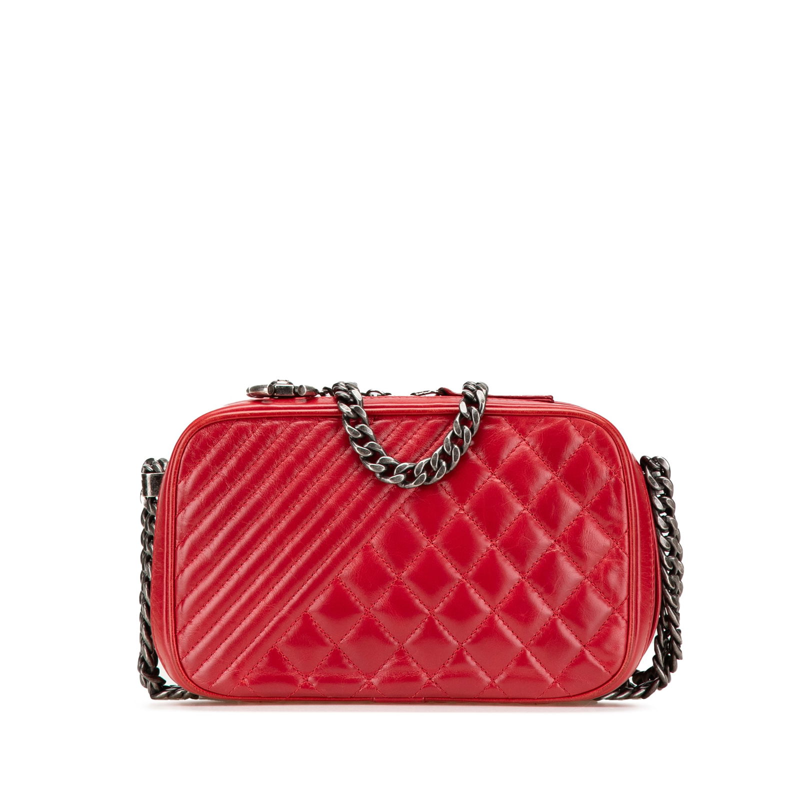 Chanel Red Quilted Calfskin Coco Boy Camera Bag: Chanel Red Quilted Calfskin Coco Boy Camera Bag The Chanel Small Quilted Glazed Calfskin Coco Boy Camera Bag is a stylish accessory crafted from premium leather. This bag showcases a quilted design wi