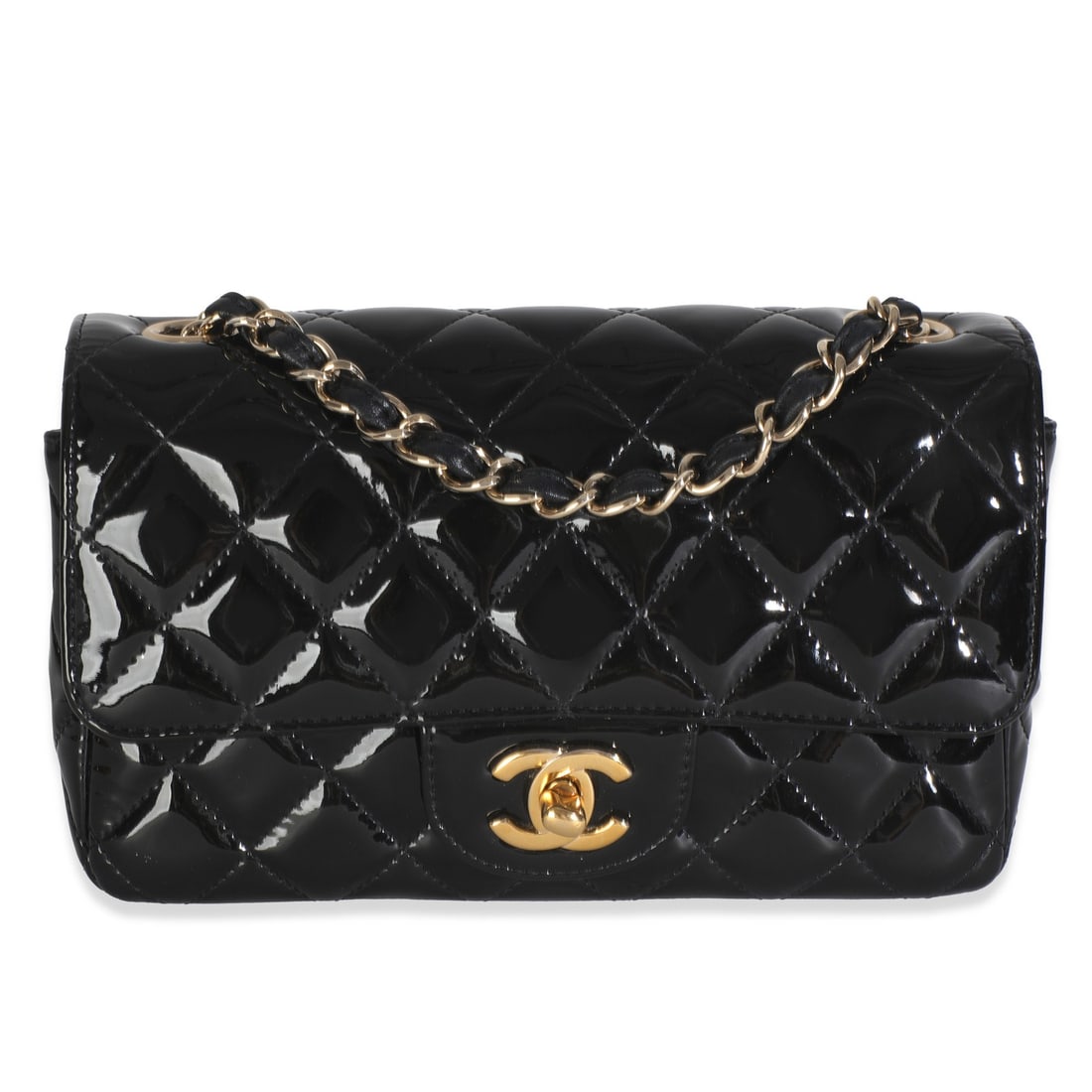 Chanel Black Patent Leather Mini Rectangular Flap Shoulder Bag: Chanel Black Patent Leather Mini Rectangular Flap Shoulder Bag Elevate your style with this exquisite Chanel Black Quilted Patent Mini Rectangular Flap Bag. Crafted in France, this chic shoulder bag f