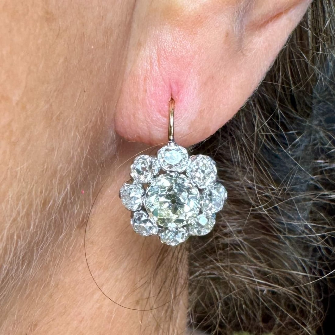 Stunning Platinum 18K Yellow Gold 7.50 Ct Diamond Earrings: Stunning Platinum 18K Yellow Gold 7.50 Ct Diamond Earrings Elevate your elegance with these stunning Platinum and 18K Yellow Gold Diamond Earrings. These exquisite earrings feature two Old Mine Diamon