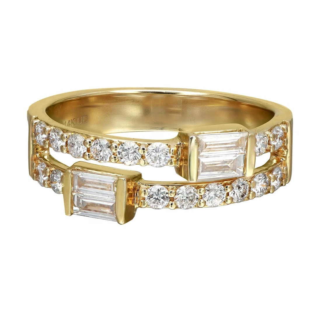 Rachel Koen Diamond Ring 0.68Cttw 14K Yellow Gold Baguette Cut: Rachel Koen Diamond Ring 0.68Cttw 14K Yellow Gold Baguette Cut This stunning diamond ring features a sophisticated design crafted from lustrous 14K yellow gold. The band showcases a unique combination