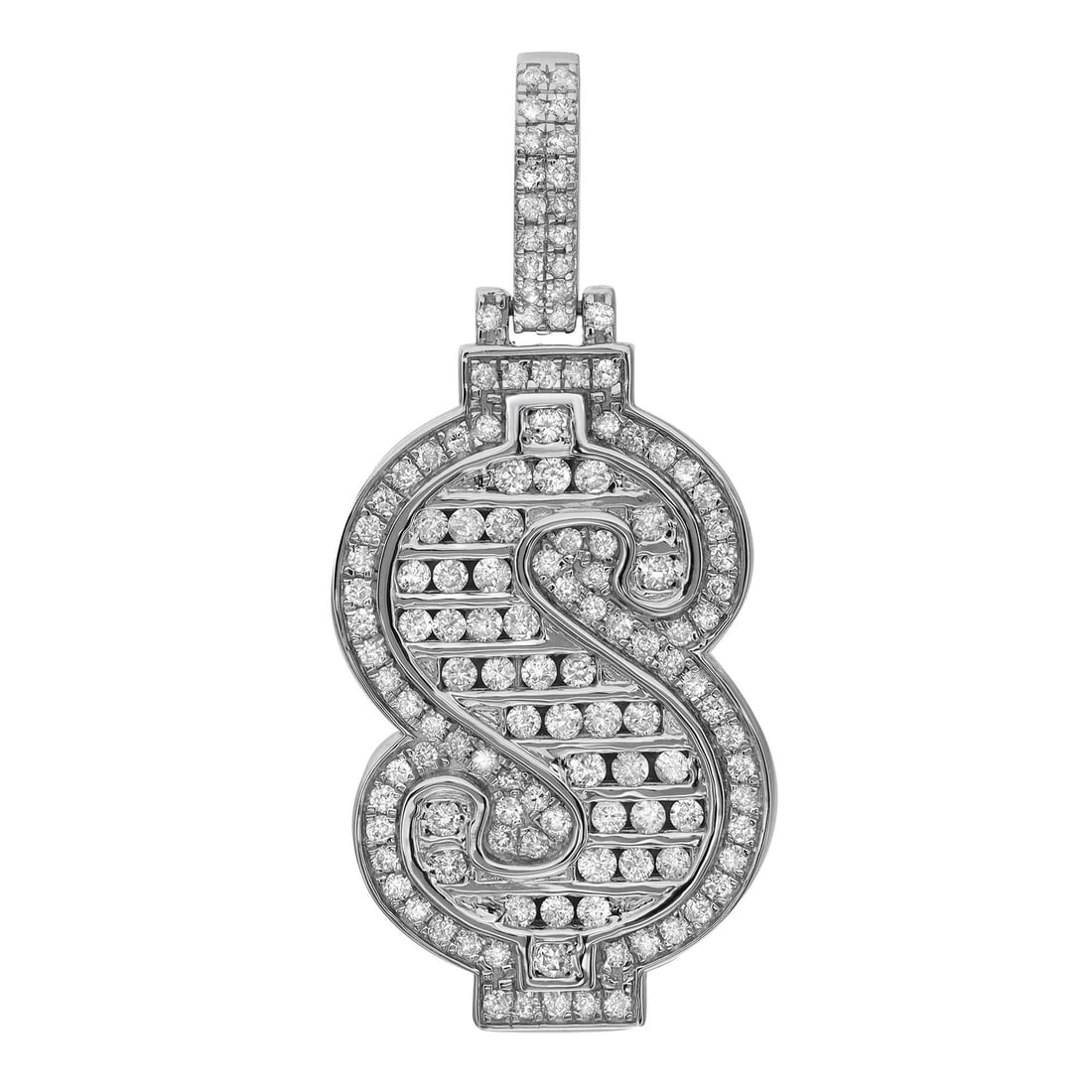 Contemporary 14K White Gold Round Diamond Dollar Sign Pendant 1.65ctw by Rachel Koen: Contemporary 14K White Gold Round Diamond Dollar Sign Pendant 1.65ctw by Rachel Koen Make a bold statement with this contemporary round diamond dollar sign pendant for men, exquisitely crafted in lust