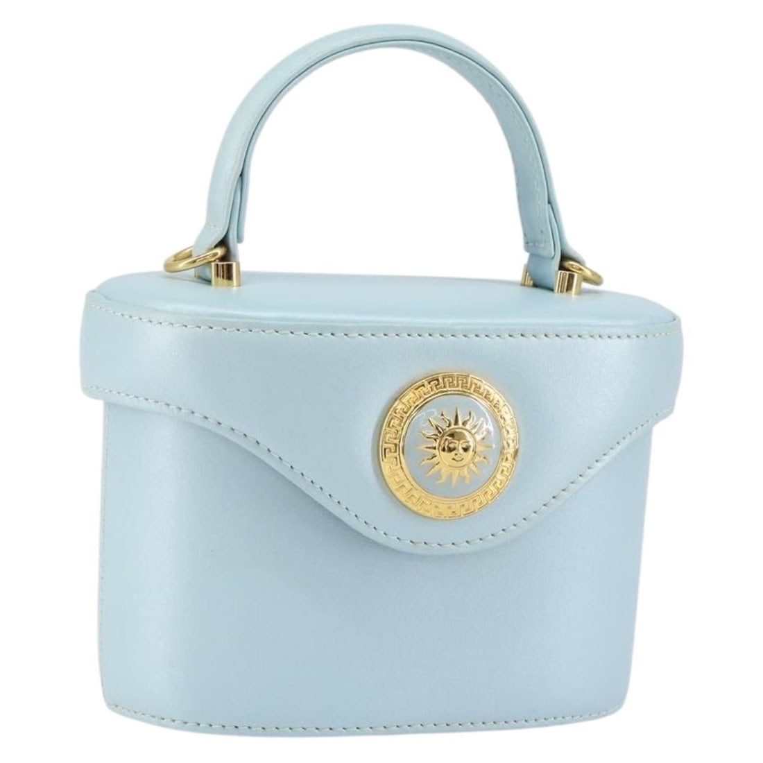 Gianni Versace Light Blue Gold Leather Sunburst Hand Bag: Gianni Versace Light Blue Gold Leather Sunburst Hand Bag Elevate your accessory collection with this stylish Gianni Versace Sunburst Vanity Hand Bag, crafted from premium leather in a chic light blue