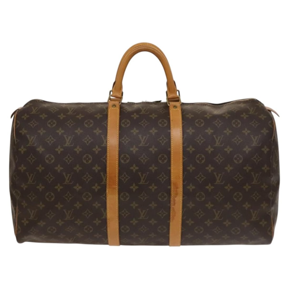 Keepall Travel Bag in Brown by Louis Vuitton: Keepall Travel Bag in Brown by Louis Vuitton This Louis Vuitton Keepall bag features a classic brown exterior with signs of use, including some out-of-shape areas and rubbing on the surface. The leath