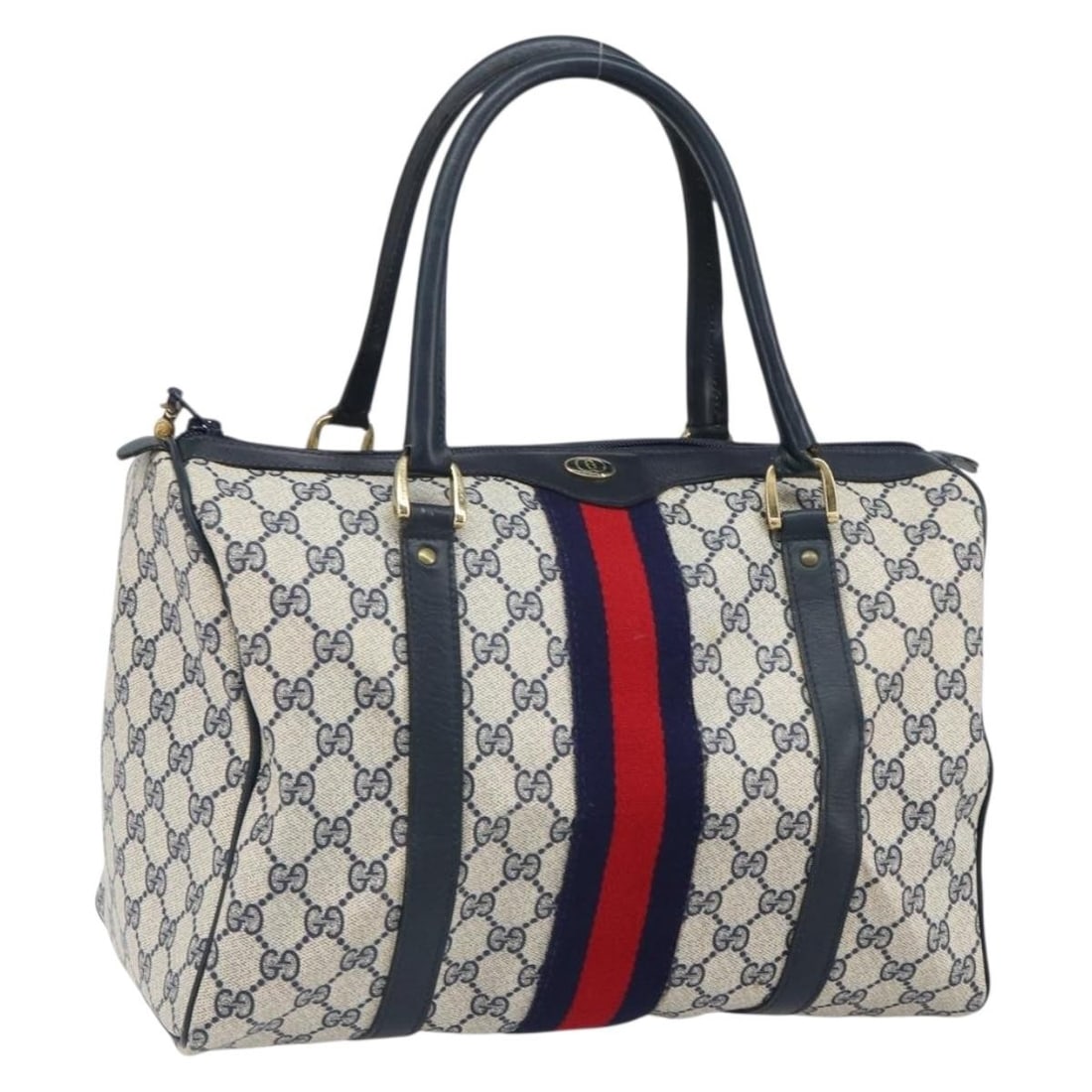 Mini Boston Navy and Gold GG Supreme PVC Bag by Gucci with Dust Bag: Mini Boston Navy and Gold GG Supreme PVC Bag by Gucci with Dust Bag This is a Gucci GG Supreme Sherry Line Mini Boston Bag crafted from navy and gold PVC leather with GG canvas accents. Designed in a