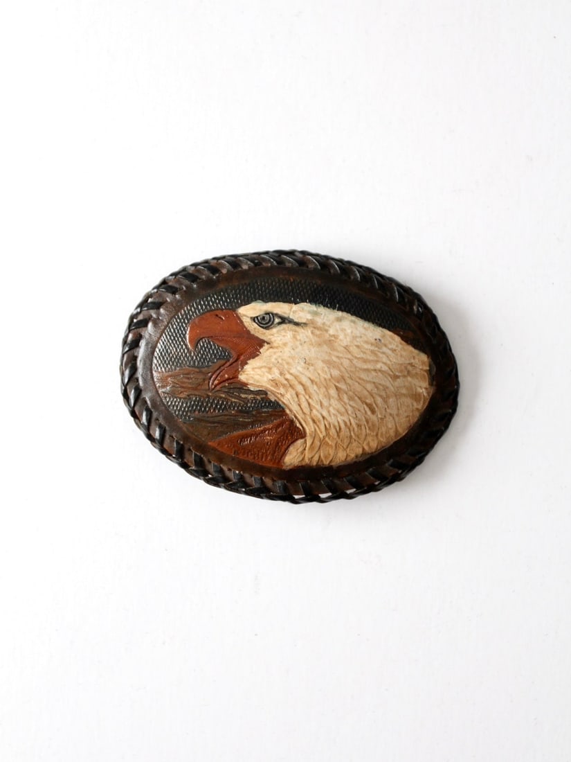 Vintage Tooled Leather Belt Buckle American Bald Eagle Design (1 of 5)