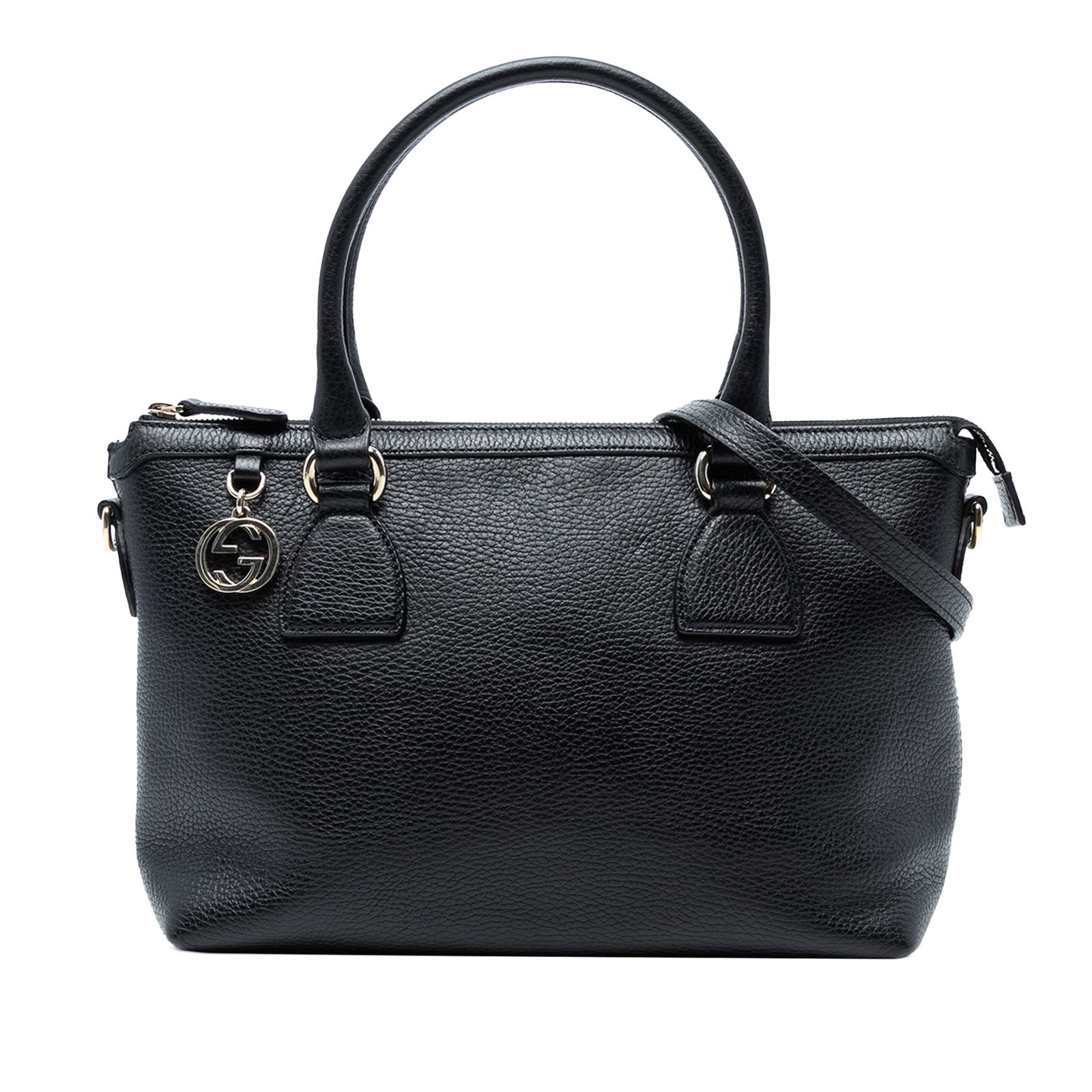 Gucci Dollar Calfskin GG Charm Satchel Black Leather Bag: Gucci Dollar Calfskin GG Charm Satchel Black Leather Bag The Gucci Dollar Calfskin GG Charm Satchel is a sophisticated accessory crafted from high-quality leather. This stylish satchel features rolled