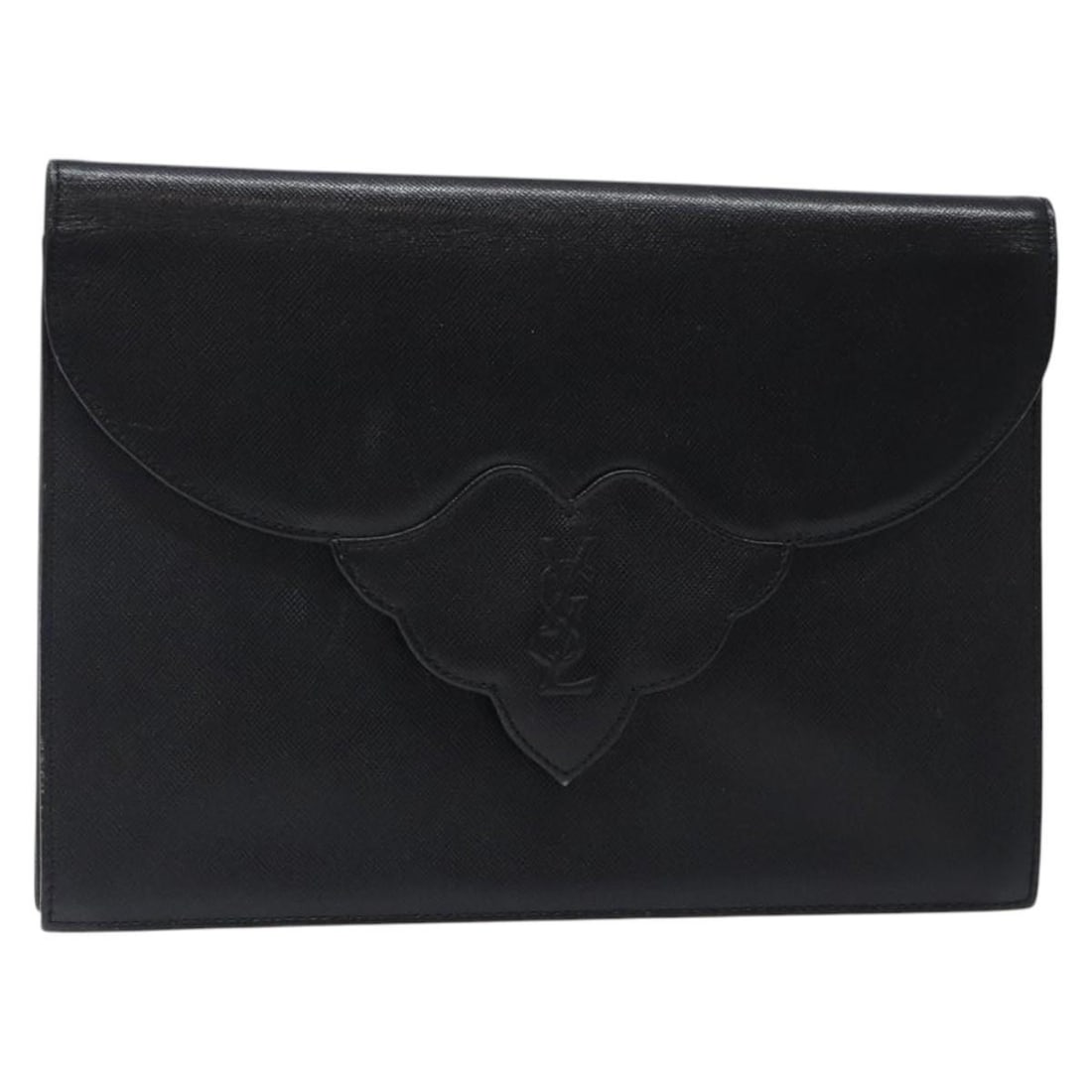 Black Envelope Flap Clutch by Saint Laurent Vintage Collection: Black Envelope Flap Clutch by Saint Laurent Vintage Collection This Saint Laurent vintage envelope flap clutch features a black exterior with metal fittings. The clutch shows signs of use, including r