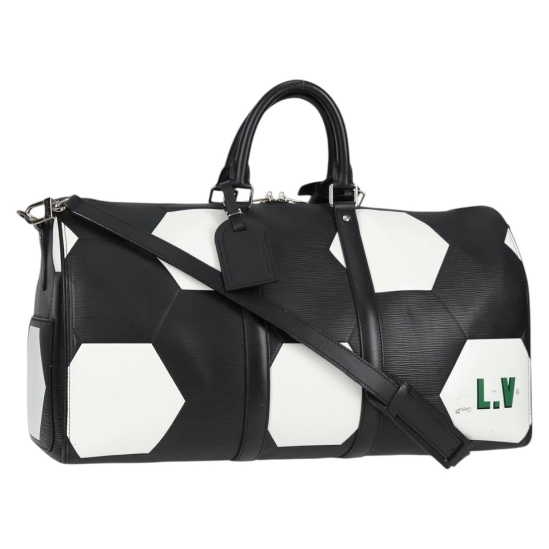 Black Keepall Bandouliere Travel Bag by Louis Vuitton: Black Keepall Bandouliere Travel Bag by Louis Vuitton This Louis Vuitton Keepall Bandouliere bag in black features a spacious design suitable for travel or everyday use. The exterior shows slight rubb