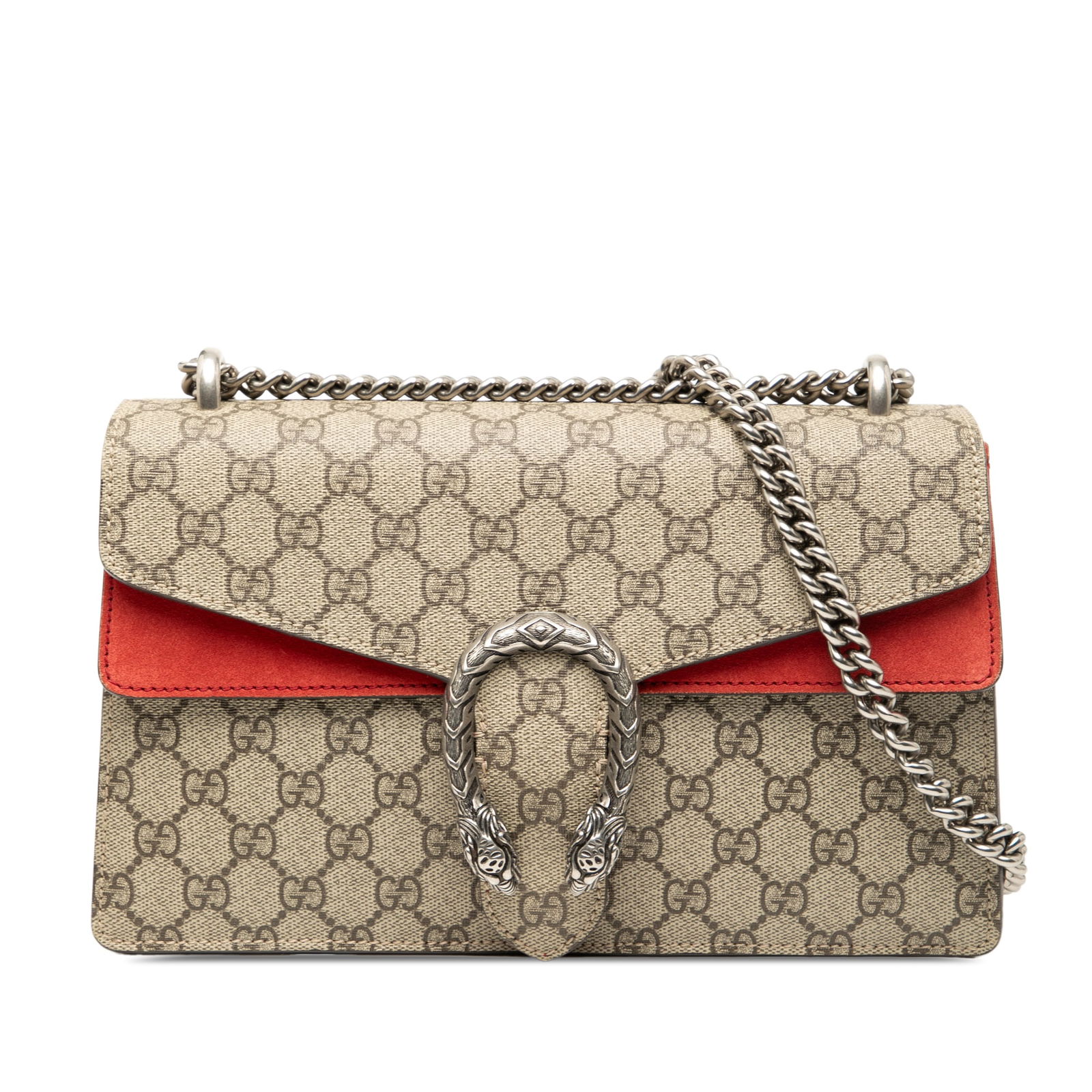 Gucci Dionysus Medium GG Supreme Canvas Shoulder Bag with Suede Trim: Gucci Dionysus Medium GG Supreme Canvas Shoulder Bag with Suede Trim This Gucci Medium GG Supreme Dionysus Shoulder Bag features a coated canvas body with suede leather trim, a silver-tone curb chain