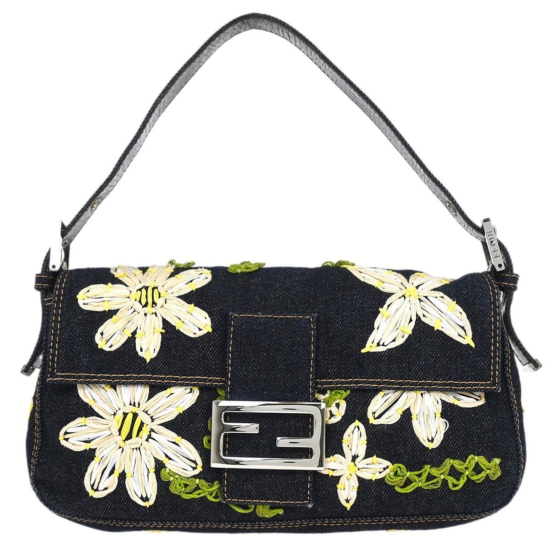 Flower Embroidered Denim Shoulder Bag Fendi Baguette Navy Medium: Flower Embroidered Denim Shoulder Bag Fendi Baguette Navy Medium This Fendi Baguette handbag is crafted from navy denim and features intricate flower embroidery on the exterior. The medium-sized bag i