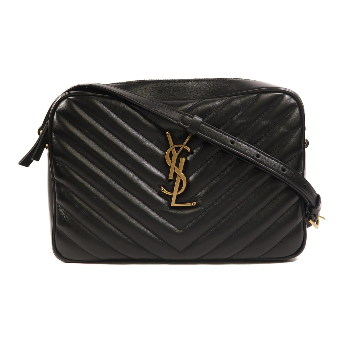 Saint Laurent Lou Black Calfskin Leather Camera Shoulder Bag with Gold Hardware: Saint Laurent Lou Black Calfskin Leather Camera Shoulder Bag with Gold Hardware This shoulder bag from Saint Laurent features a sleek black calfskin leather exterior, designed in the popular Lou Camer