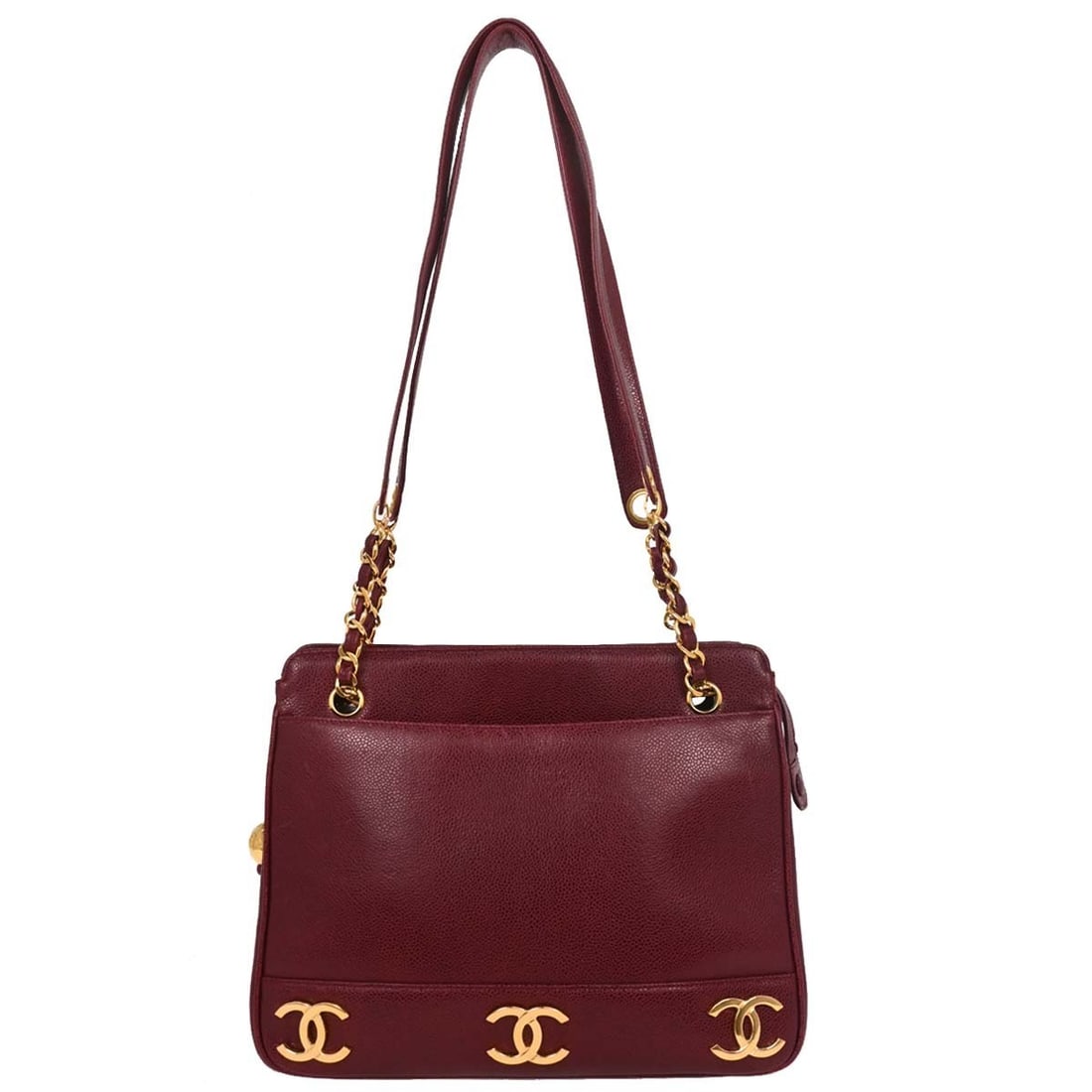 Chanel Bordeaux Caviar Leather Triple CC Tote Bag: Chanel Bordeaux Caviar Leather Triple CC Tote Bag Experience luxury with the Chanel Bordeaux Calfskin Triple CC Shoulder Tote Bag, a stunning accessory crafted from premium caviar skin leather. This m