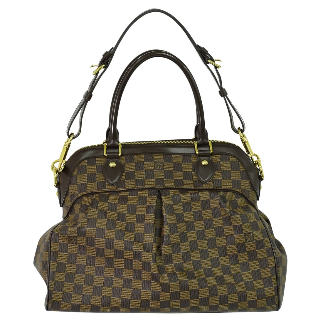 Louis Vuitton Brown Trevi Tote Bag for Women: Louis Vuitton Brown Trevi Tote Bag for Women This Louis Vuitton Trevi handbag in brown features minor wear, slight discoloration on the zipper pull hardware, and a bit of fuzz on the glazing. There is
