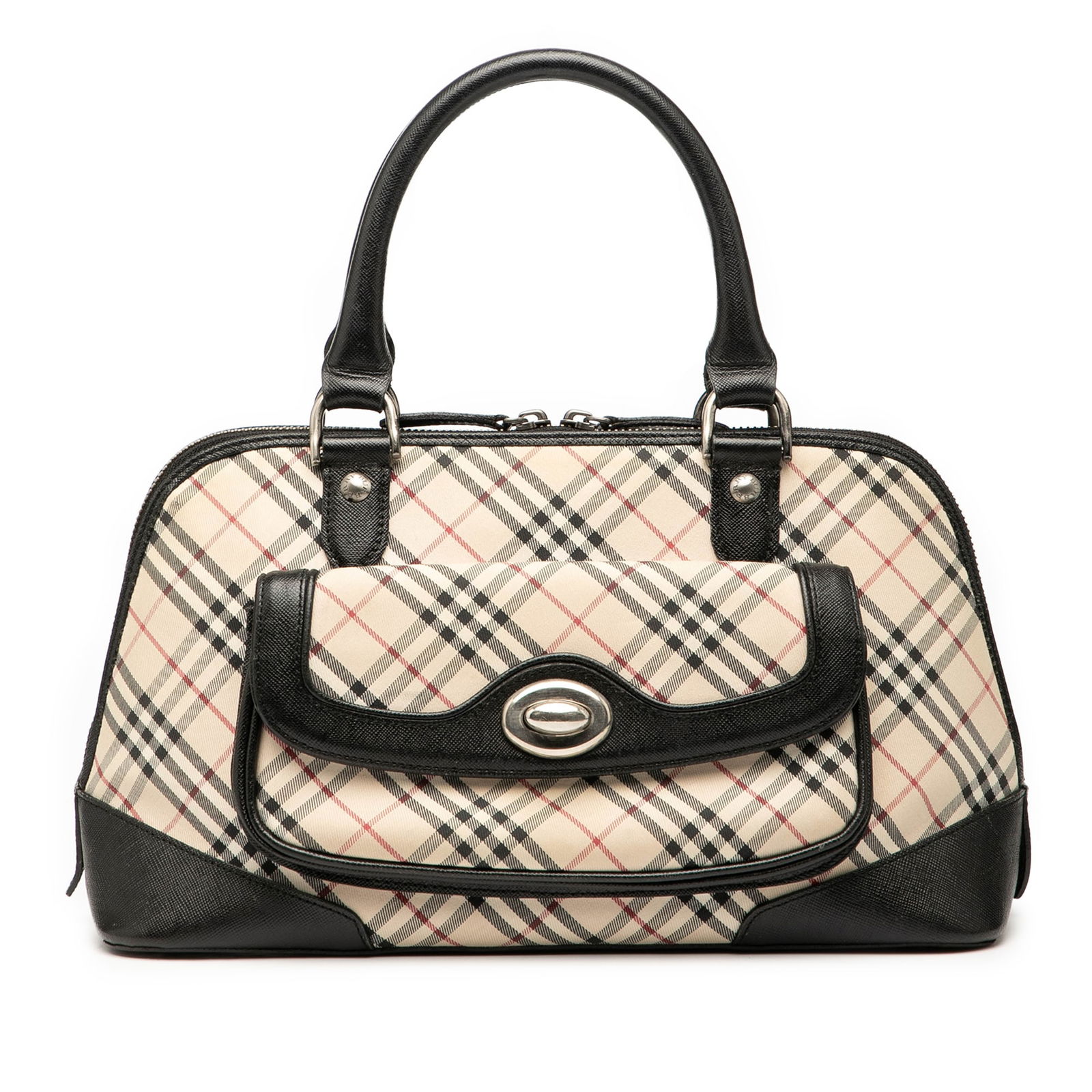 Burberry Nova Check Canvas Handbag with Leather Trim: Burberry Nova Check Canvas Handbag with Leather Trim Elevate your accessory collection with this Burberry Nova Check Canvas Handbag. This stylish handbag showcases a classic Nova Check canvas body com