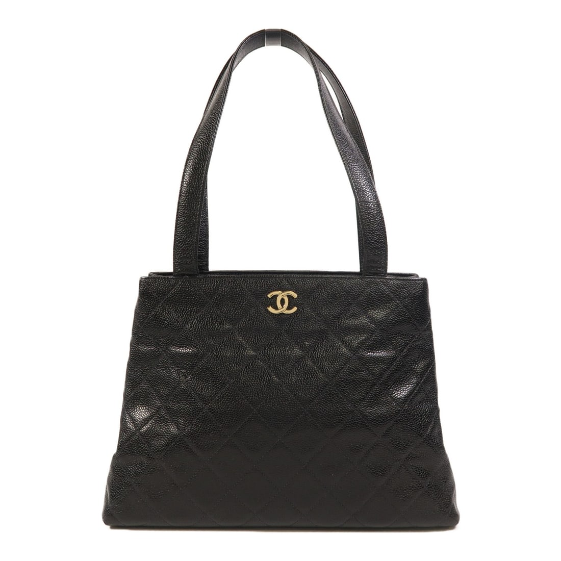 Black Calfskin CHANEL Vintage Tote with CC Gold Hardware: Black Calfskin CHANEL Vintage Tote with CC Gold Hardware This vintage CHANEL CC tote bag is crafted from black calfskin leather and features a classic shoulder bag design. The bag is made in France an