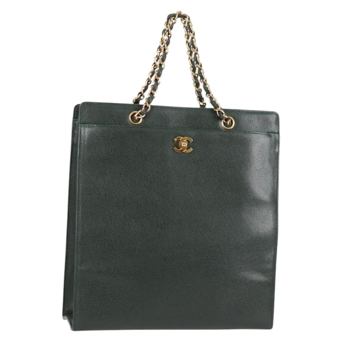 Green Chain Tote Handbag with CC Lock by Chanel Vintage: Green Chain Tote Handbag with CC Lock by Chanel Vintage This Chanel Vintage CC Lock Pocket Chain Tote in green features a classic design with a chain strap and signature CC lock. The handbag is crafte
