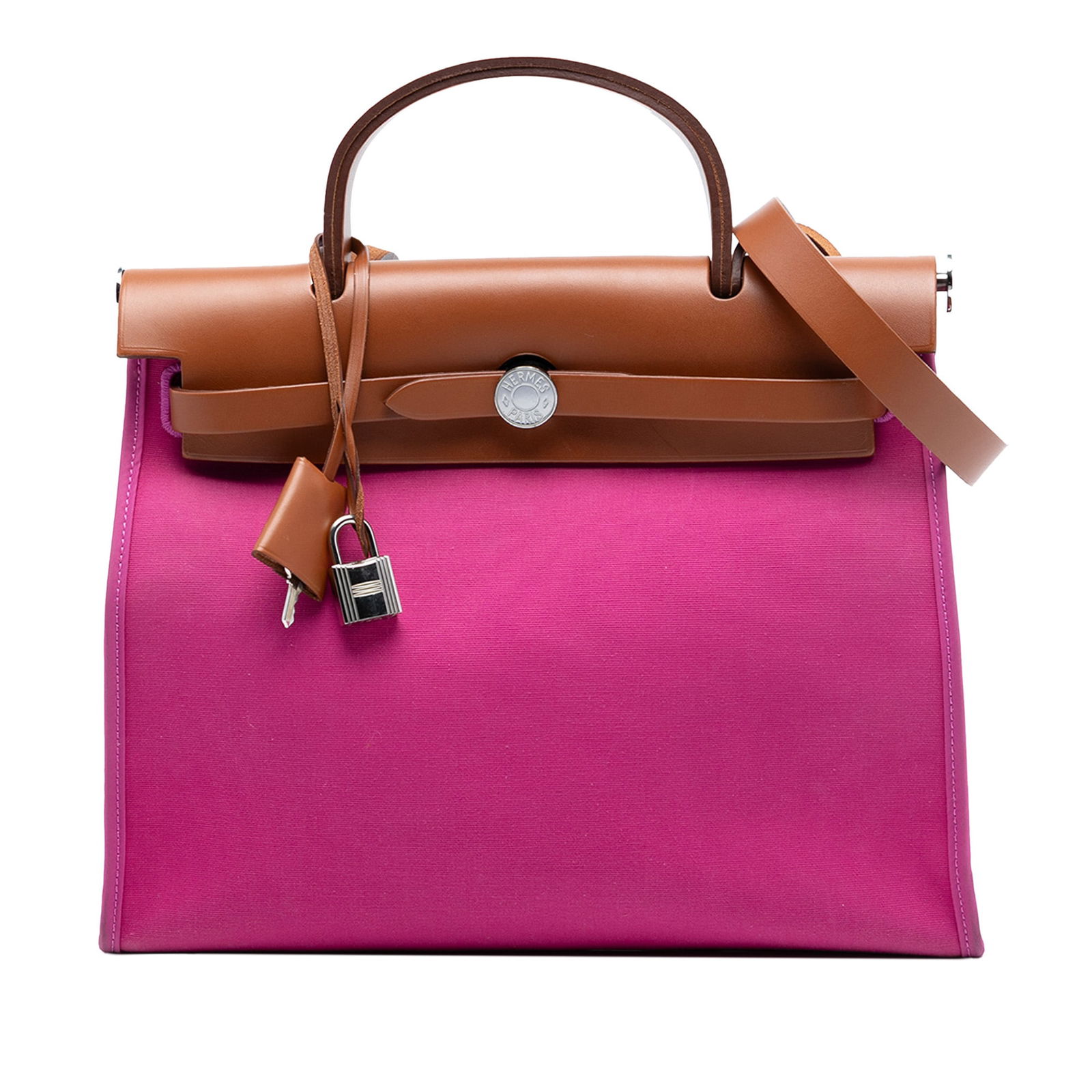 Hermes Herbag Zip 31 Pink Canvas and Leather Shoulder Bag: Hermes Herbag Zip 31 Pink Canvas and Leather Shoulder Bag The Hermes Toile Herbag Zip 31 is a pink handbag featuring a canvas body with a flat leather top handle and a flat leather shoulder strap. It