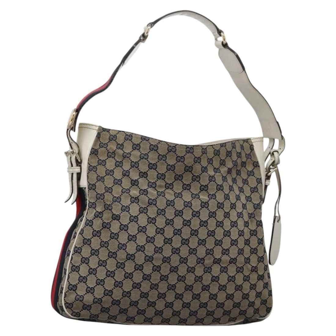 Gucci Web Hobo Shoulder Bag in Navy for Women: Gucci Web Hobo Shoulder Bag in Navy for Women This Gucci Heritage Web Hobo shoulder bag in navy is designed for women and features a spacious and functional silhouette. The bag shows signs of use, inc