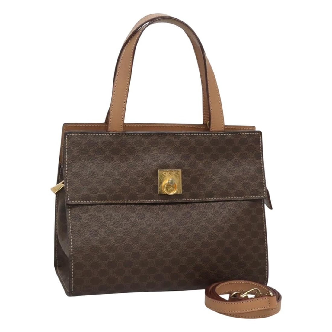 Macadam Pattern Brown Handbag by Celine Vintage Collection: Macadam Pattern Brown Handbag by Celine Vintage Collection This pre-owned Celine Macadam handbag features a classic brown design and is intended for female use. The bag is in good condition with signs
